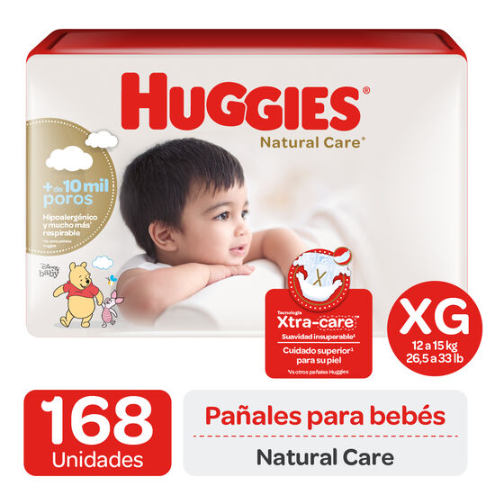 Pañales Huggies Natural Care Unisex Pack 168 Un (3 paq. x 56 un). Talla XG