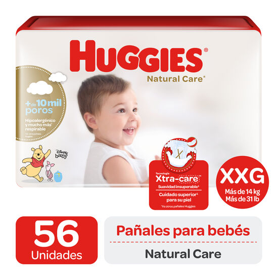 Pañales Huggies Natural Care Unisex Pack 168 Un (3 paq. X 56 un). Talla XXG