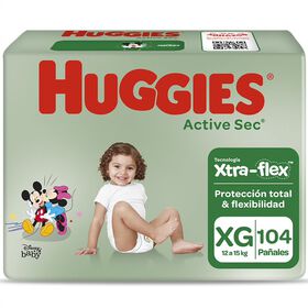 Pañales Huggies Active Sec Xtra Flex Pack 104 Un (2 paq. x 52 un). Talla XG